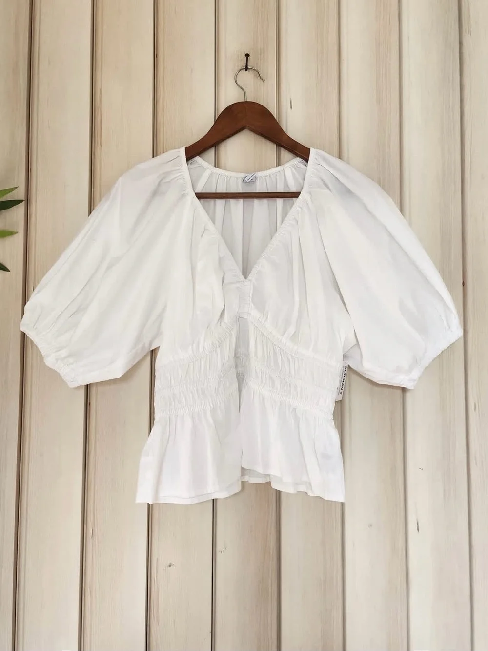 Old Navy White Puff-Sleeve Smocked V-Neck Top